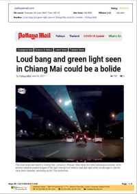 Loud bang and green light seen in Chaing Mai could be a bolide